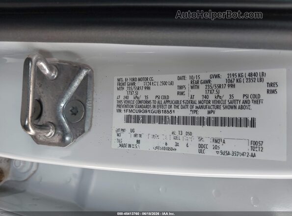 1FMCU9G9XGUB18551 2016 FORD ESCAPE White Engine compartment view
