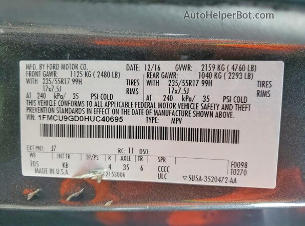 1FMCU9GD0HUC40695 2017 FORD ESCAPE Gray 