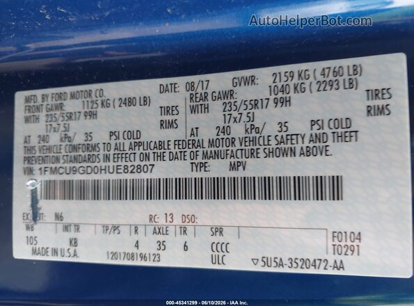 1FMCU9GD0HUE82807 2017 FORD ESCAPE Blue 