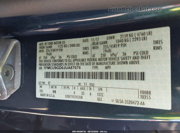1FMCU9GD0JUA87676 2018 FORD ESCAPE Blue 