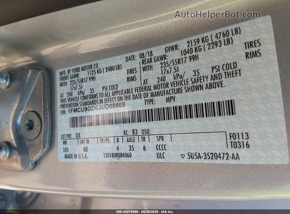 1FMCU9GD0JUD08869 2018 FORD ESCAPE Silver ძრავის განყოფილების ხედი