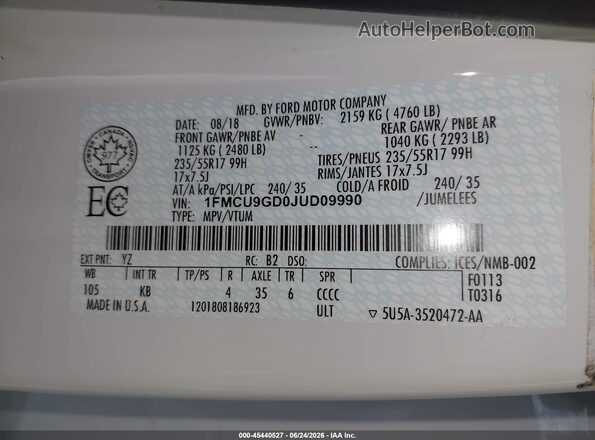 1FMCU9GD0JUD09990 2018 FORD ESCAPE White Շարժիչի բաժամունքի տեսք