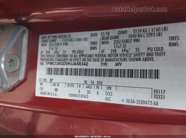 1FMCU9GD0KUA58342 2019 FORD ESCAPE Orange ძრავის განყოფილების ხედი