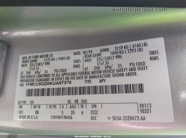 1FMCU9GD0KUA97576 2019 FORD ESCAPE Silver Vista del compartimento del motor