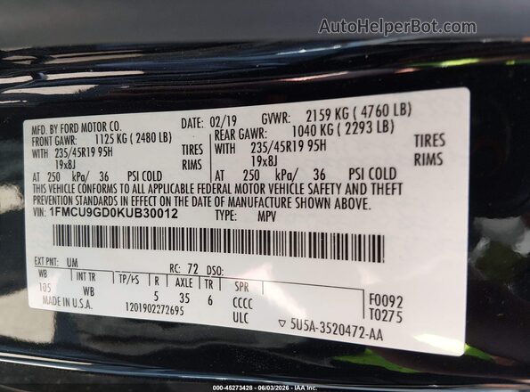 1FMCU9GD0KUB30012 2019 FORD ESCAPE Черный 