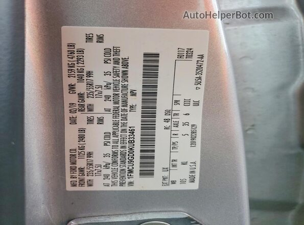 1FMCU9GD0KUB33461 2019 FORD ESCAPE Silver VIN sticker view
