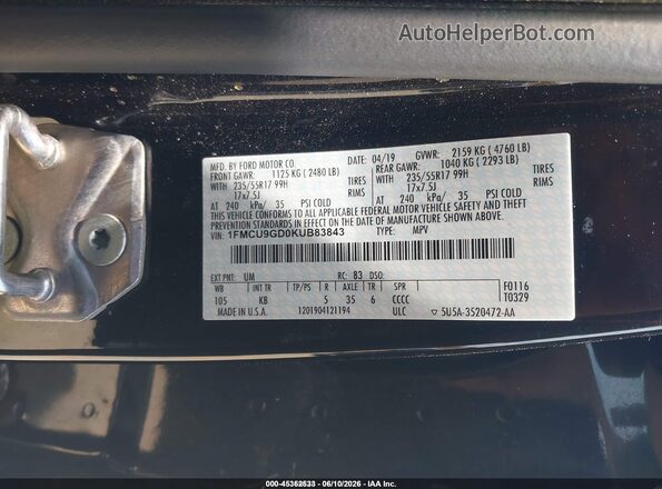 1FMCU9GD0KUB83843 2019 FORD ESCAPE Black Vista del compartimento del motor