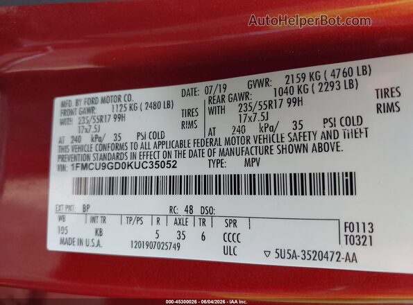 1FMCU9GD0KUC35052 2019 FORD ESCAPE Orange Vista del compartimento del motor