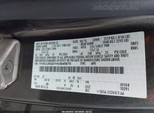 1FMCU9GD1HUB45675 2017 FORD ESCAPE Gray 