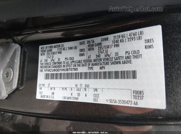1FMCU9GD1HUB70785 2017 FORD ESCAPE Gray ძრავის განყოფილების ხედი