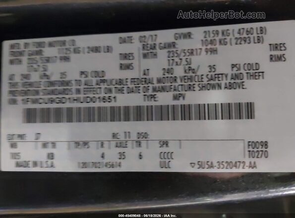 1FMCU9GD1HUD01651 2017 FORD ESCAPE Gray 