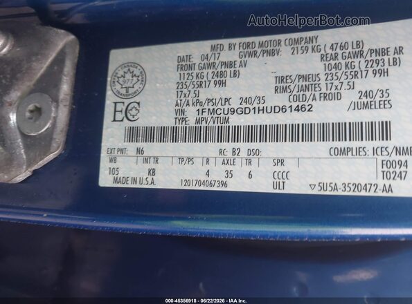 1FMCU9GD1HUD61462 2017 FORD ESCAPE Синий Вид подкапотного пространства
