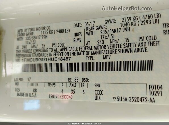 1FMCU9GD1HUE18467 2017 FORD ESCAPE White 