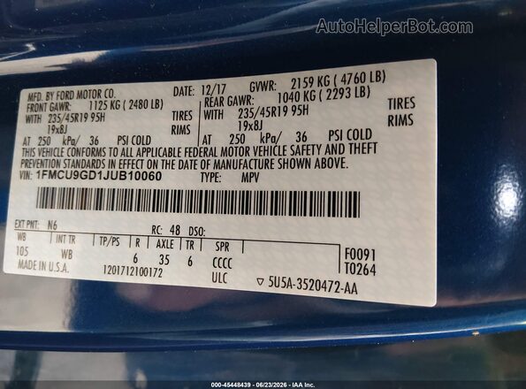 1FMCU9GD1JUB10060 2018 FORD ESCAPE Blue ძრავის განყოფილების ხედი