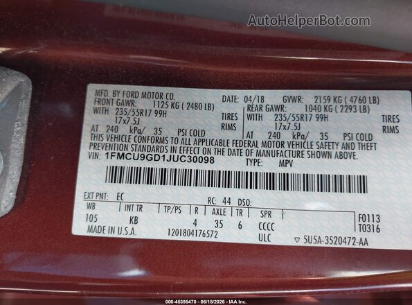 1FMCU9GD1JUC30098 2018 FORD ESCAPE Красный 