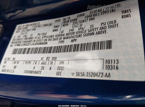 1FMCU9GD1JUD08606 2018 FORD ESCAPE Blue 