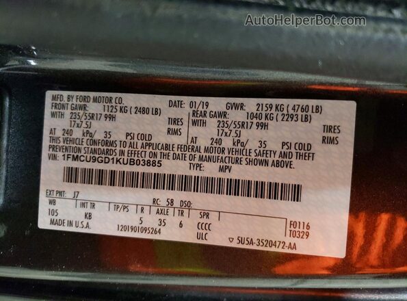 1FMCU9GD1KUB03885 2019 FORD ESCAPE Gray Панорамний вид салону 360°