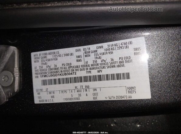 1FMCU9GD1KUB30472 2019 FORD ESCAPE Gray Вид підкапотного простору
