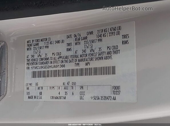 1FMCU9GD2HUA91366 2017 FORD ESCAPE Белый Вид подкапотного пространства