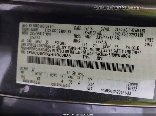 1FMCU9GD2HUB80838 2017 FORD ESCAPE Gray Widok komory silnika