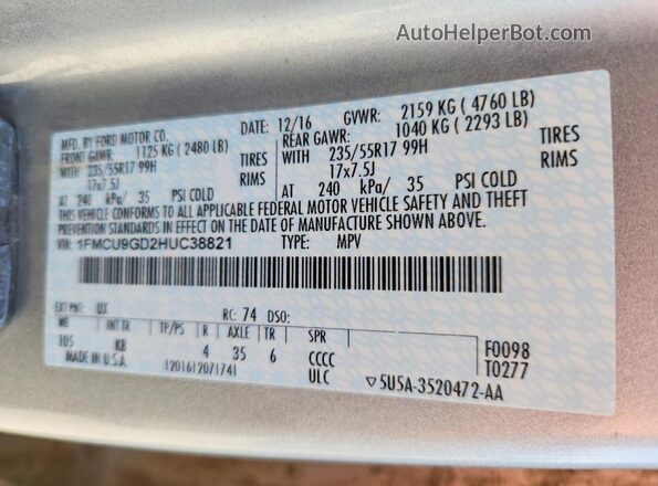 1FMCU9GD2HUC38821 2017 FORD ESCAPE Серебряный 