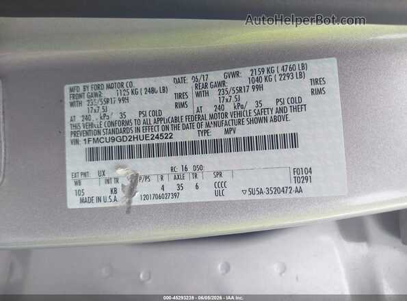 1FMCU9GD2HUE24522 2017 FORD ESCAPE Silver Vista del compartimento del motor