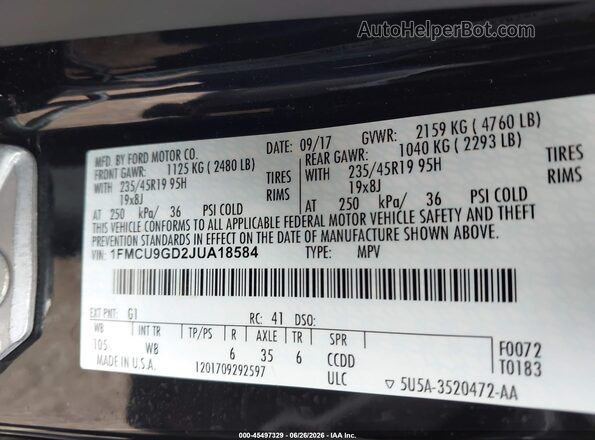 1FMCU9GD2JUA18584 2018 FORD ESCAPE Black ძრავის განყოფილების ხედი