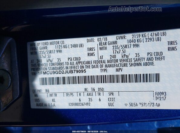 1FMCU9GD2JUB79095 2018 FORD ESCAPE Dark Blue Widok komory silnika