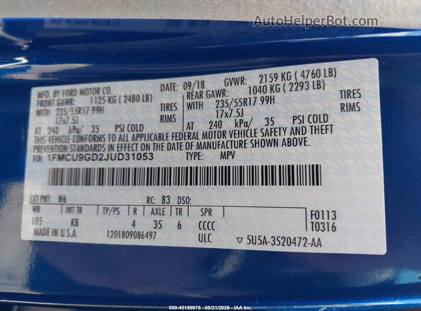 1FMCU9GD2JUD31053 2018 FORD ESCAPE Blue Engine compartment view