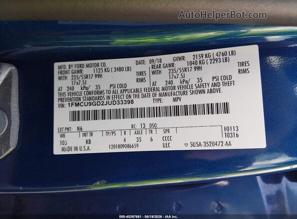 1FMCU9GD2JUD33398 2018 FORD ESCAPE Blue Engine compartment view