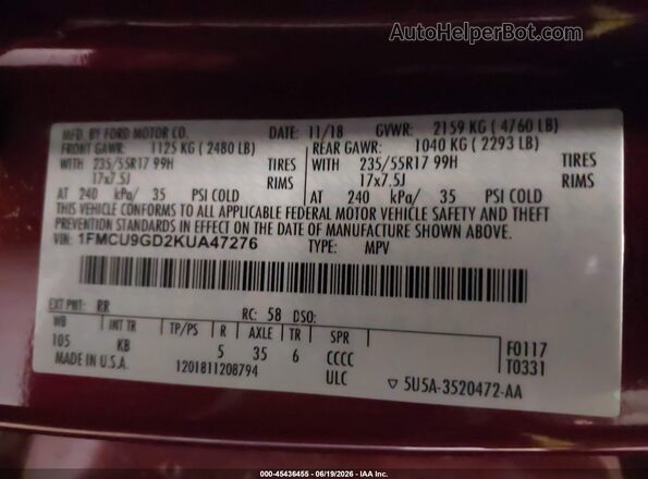 1FMCU9GD2KUA47276 2019 FORD ESCAPE Red Вид підкапотного простору