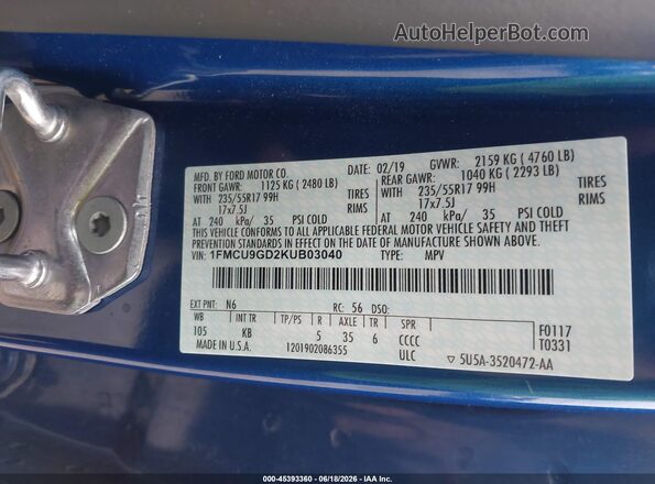 1FMCU9GD2KUB03040 2019 FORD ESCAPE Blue Շարժիչի բաժամունքի տեսք