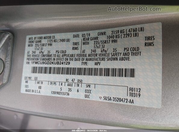 1FMCU9GD2KUB24129 2019 FORD ESCAPE Silver Vista del compartimento del motor