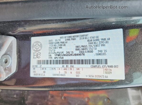 1FMCU9GD2KUB89076 2019 FORD ESCAPE Gray Вид наклейки з VIN-кодом