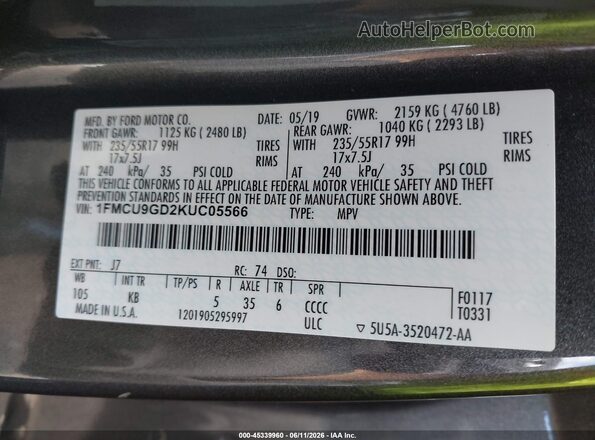 1FMCU9GD2KUC05566 2019 FORD ESCAPE Gray 