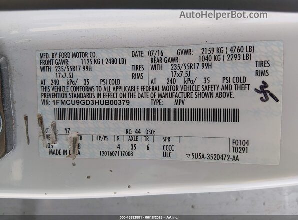1FMCU9GD3HUB00379 2017 FORD ESCAPE White Engine compartment view
