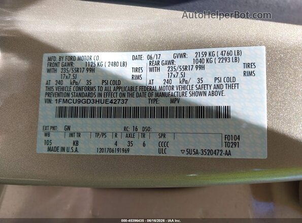1FMCU9GD3HUE42737 2017 FORD ESCAPE Tan ძრავის განყოფილების ხედი