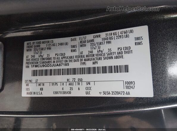 1FMCU9GD3JUA87185 2018 FORD ESCAPE Серый Вид подкапотного пространства