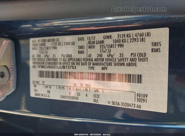 1FMCU9GD3JUB13753 2018 FORD ESCAPE Blue Widok komory silnika