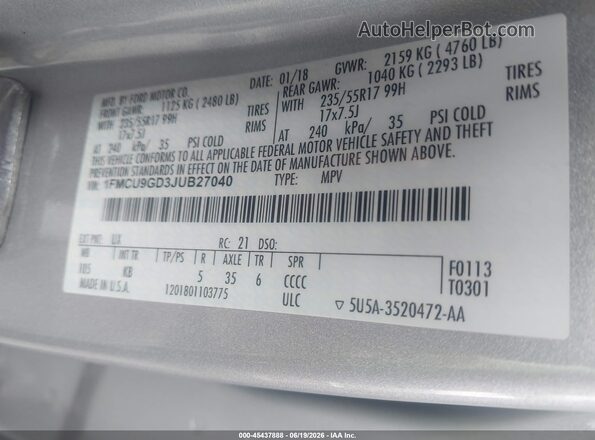 1FMCU9GD3JUB27040 2018 FORD ESCAPE Silver Շարժիչի բաժամունքի տեսք