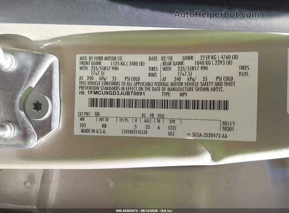 1FMCU9GD3JUB70891 2018 FORD ESCAPE Gold Vista del compartimento del motor