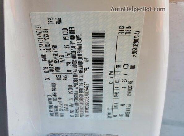 1FMCU9GD3JUD54227 2018 FORD ESCAPE White Vista de la etiqueta del VIN