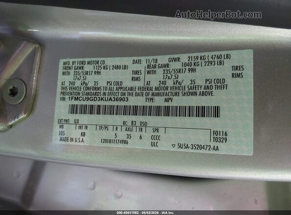 1FMCU9GD3KUA36903 2019 FORD ESCAPE Silver Vista del compartimento del motor