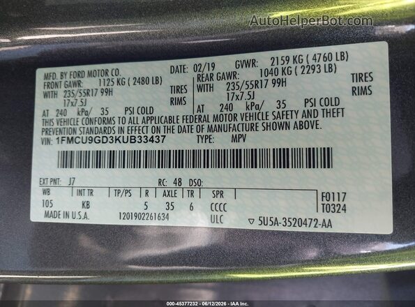 1FMCU9GD3KUB33437 2019 FORD ESCAPE Gray Շարժիչի բաժամունքի տեսք