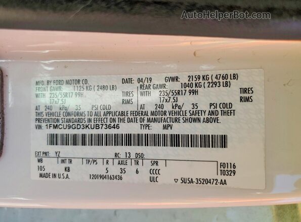1FMCU9GD3KUB73646 2019 FORD ESCAPE White VIN կոդի պիտակի տեսք
