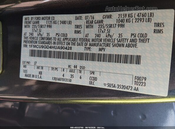 1FMCU9GD4HUA90428 2017 FORD ESCAPE Gray Engine compartment view