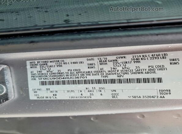 1FMCU9GD4HUC36701 2017 FORD ESCAPE Silver VIN კოდის სტიკერის ხედი