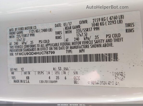 1FMCU9GD4HUC78799 2017 FORD ESCAPE White Vista del compartimento del motor