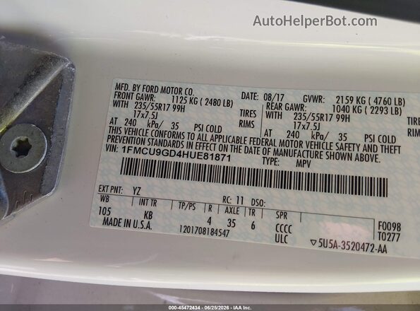 1FMCU9GD4HUE81871 2017 FORD ESCAPE Белый Вид подкапотного пространства