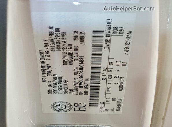 1FMCU9GD4JUC14879 2018 FORD ESCAPE Белый Вид наклейки с VIN-кодом